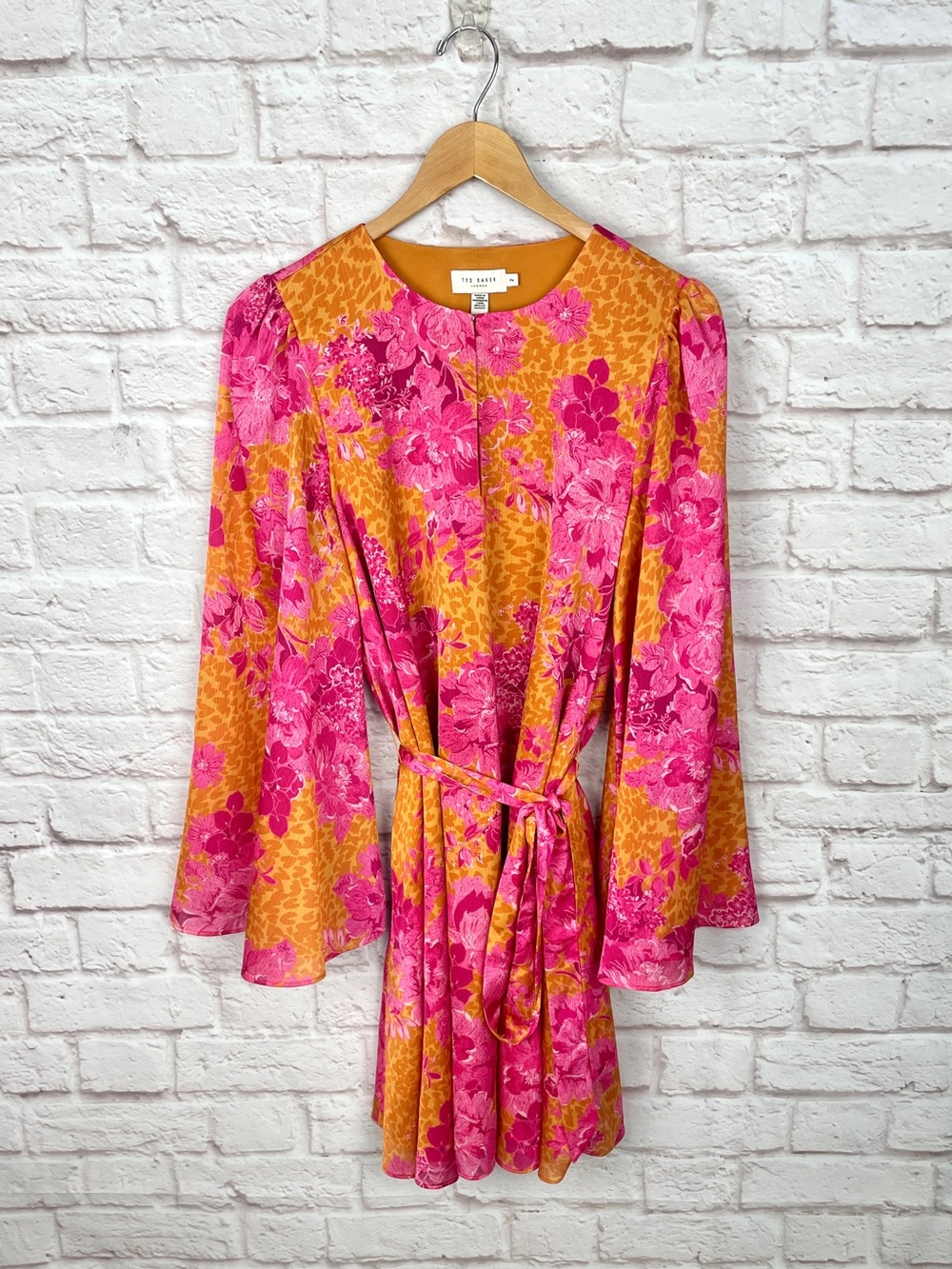 Ted Baker London Metropolis Floral Long Sleeve Mini Bell Sleeve Dress Size 4/6